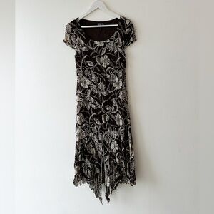 Floral Asymmetrical Dress - Brown/Cream - Short Sleeve - Size 10